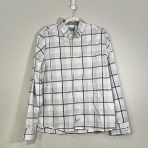 Van Heusen Shirt Button Down White Blue Gray Plaid Slim Fit Professional Men L